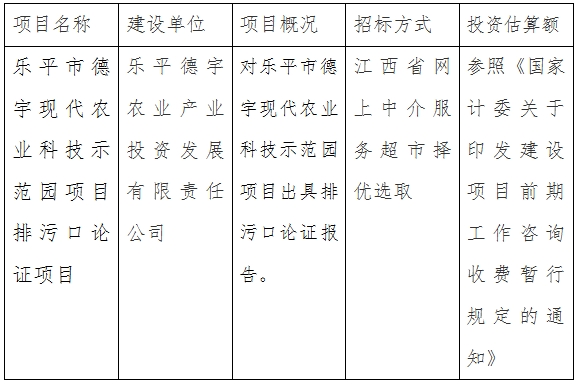 樂平德宇公司德宇現(xiàn)代農業(yè)科技示范園排污口論證項目計劃公告