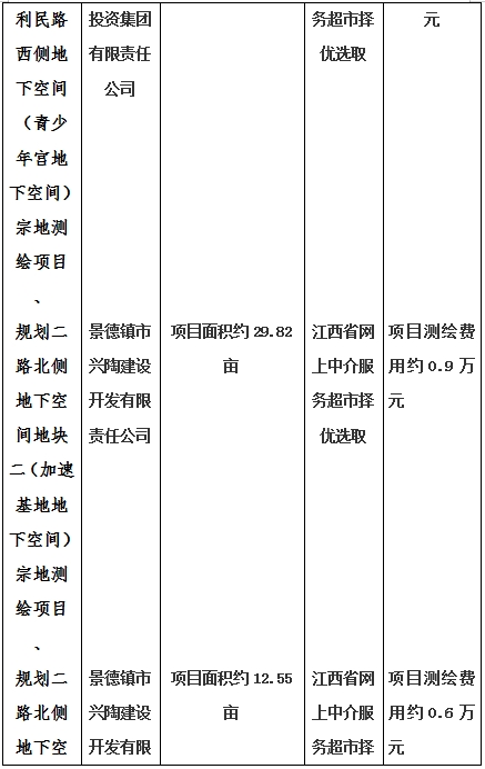 景德鎮(zhèn)市昌南新區(qū)LJ1-03-A01-1地塊、瓷都大道東側(cè)中渡口地下空間（格蘭云天大酒店地下空間）、光明大道北側(cè)利民路西側(cè)地下空間（青少年宮地下空間）、規(guī)劃二路北側(cè)地下空間地塊二（加速基地地下空間）、規(guī)劃二路北側(cè)地下空間地塊一（加速基地地下空間）、景德大道南側(cè)天寶橋西側(cè)地塊、景興大道東側(cè)如意路北側(cè)地下空間(社會公共服務(wù)