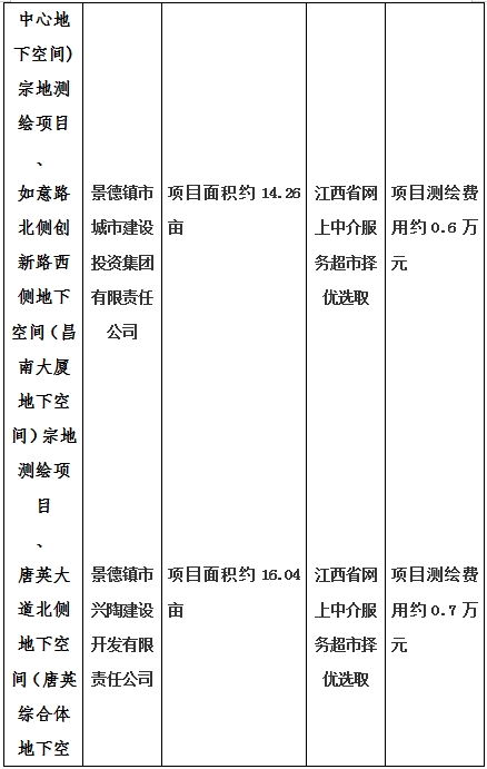 景德鎮(zhèn)市昌南新區(qū)LJ1-03-A01-1地塊、瓷都大道東側(cè)中渡口地下空間（格蘭云天大酒店地下空間）、光明大道北側(cè)利民路西側(cè)地下空間（青少年宮地下空間）、規(guī)劃二路北側(cè)地下空間地塊二（加速基地地下空間）、規(guī)劃二路北側(cè)地下空間地塊一（加速基地地下空間）、景德大道南側(cè)天寶橋西側(cè)地塊、景興大道東側(cè)如意路北側(cè)地下空間(社會公共服務(wù)