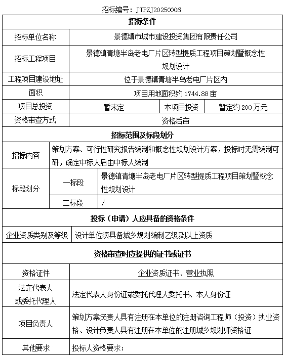 景德鎮(zhèn)青塘半島老電廠片區(qū)轉(zhuǎn)型提質(zhì)工程項目策劃暨概念性規(guī)劃設計招標公告