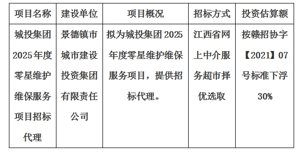 城投集團(tuán)2025年度零星維護(hù)維保服務(wù)項(xiàng)目招標(biāo)代理計(jì)劃公告